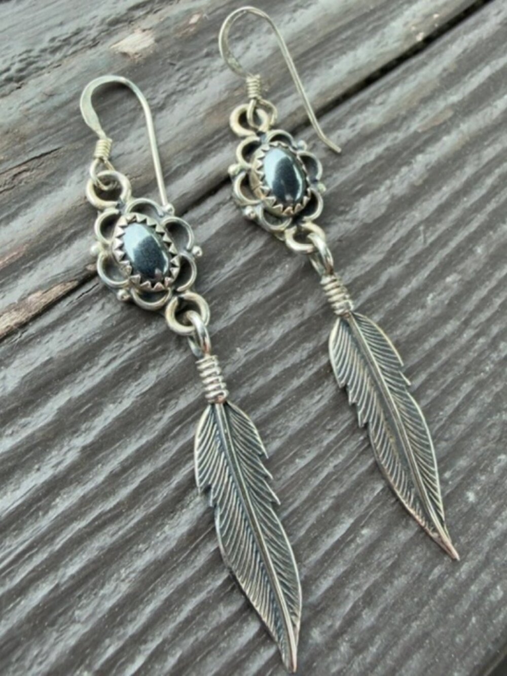VINTAGE Native American Sterling Silver Shadowbox Feather Earrings Signed AJ